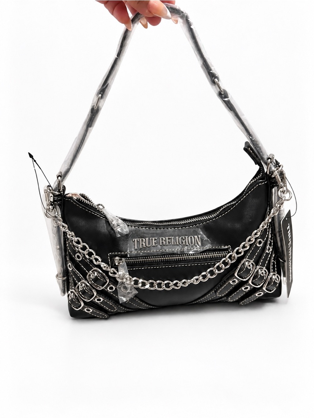 True Religion Black Shoulder Bag with Silver Chain Trim
